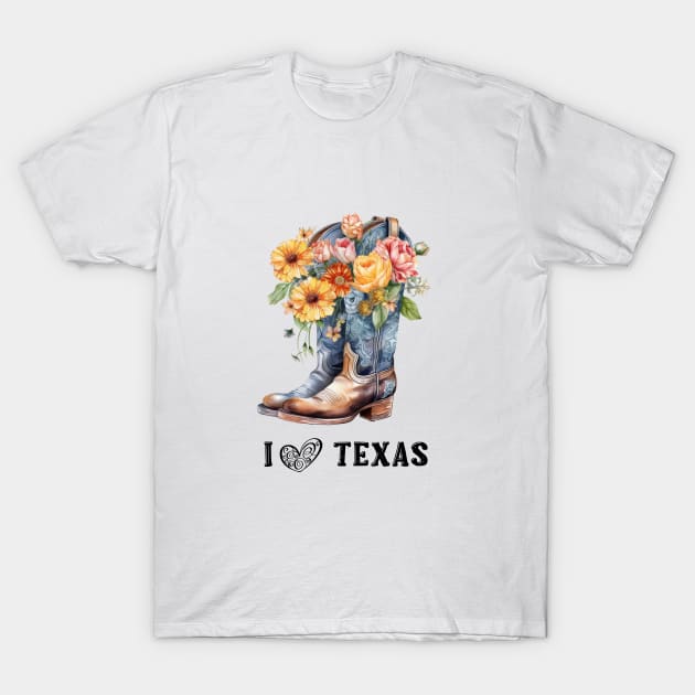 I Love Texas Boho Cowboy Boots Watercolor Art T-Shirt by AdrianaHolmesArt